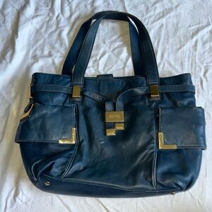 Michael Kors Blue Leather Tote Purse with Gold Hardware - GUC
